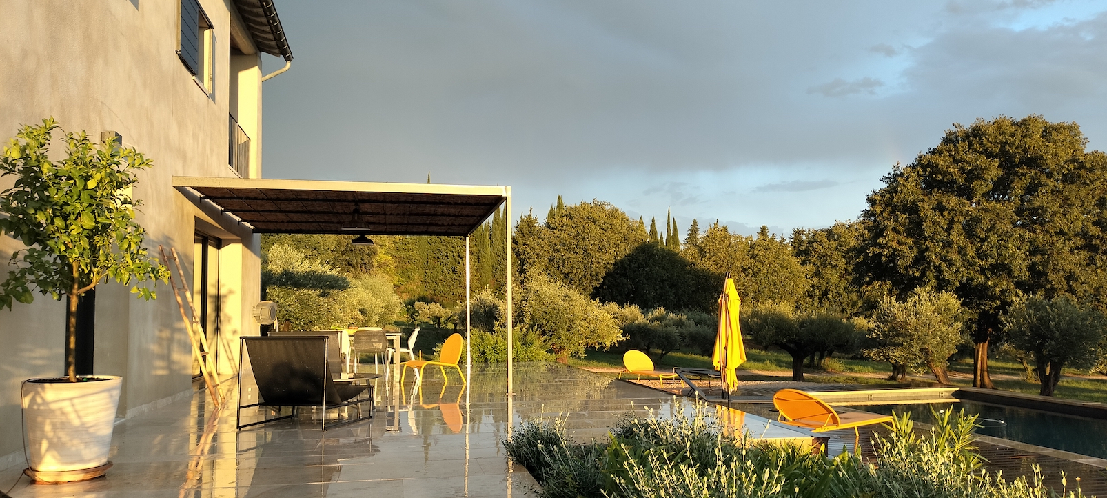 House and pool at golden hour